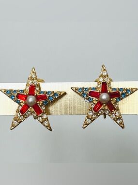 1990s MBB Pell clip patriotic Star Swarovski Crystals earrings like new/unworn